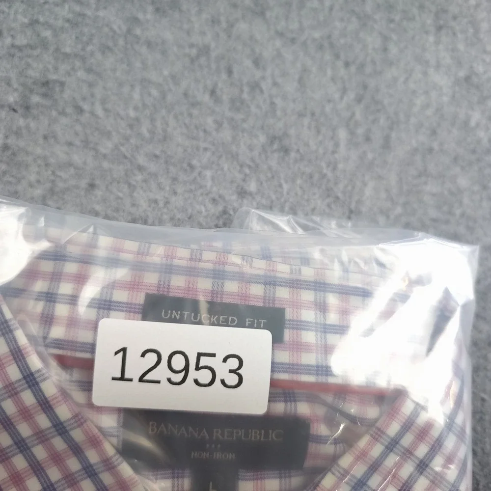 Banana Republic Shirt Mens Large Untucked Fit Non Iron Blue Pink Check Button
